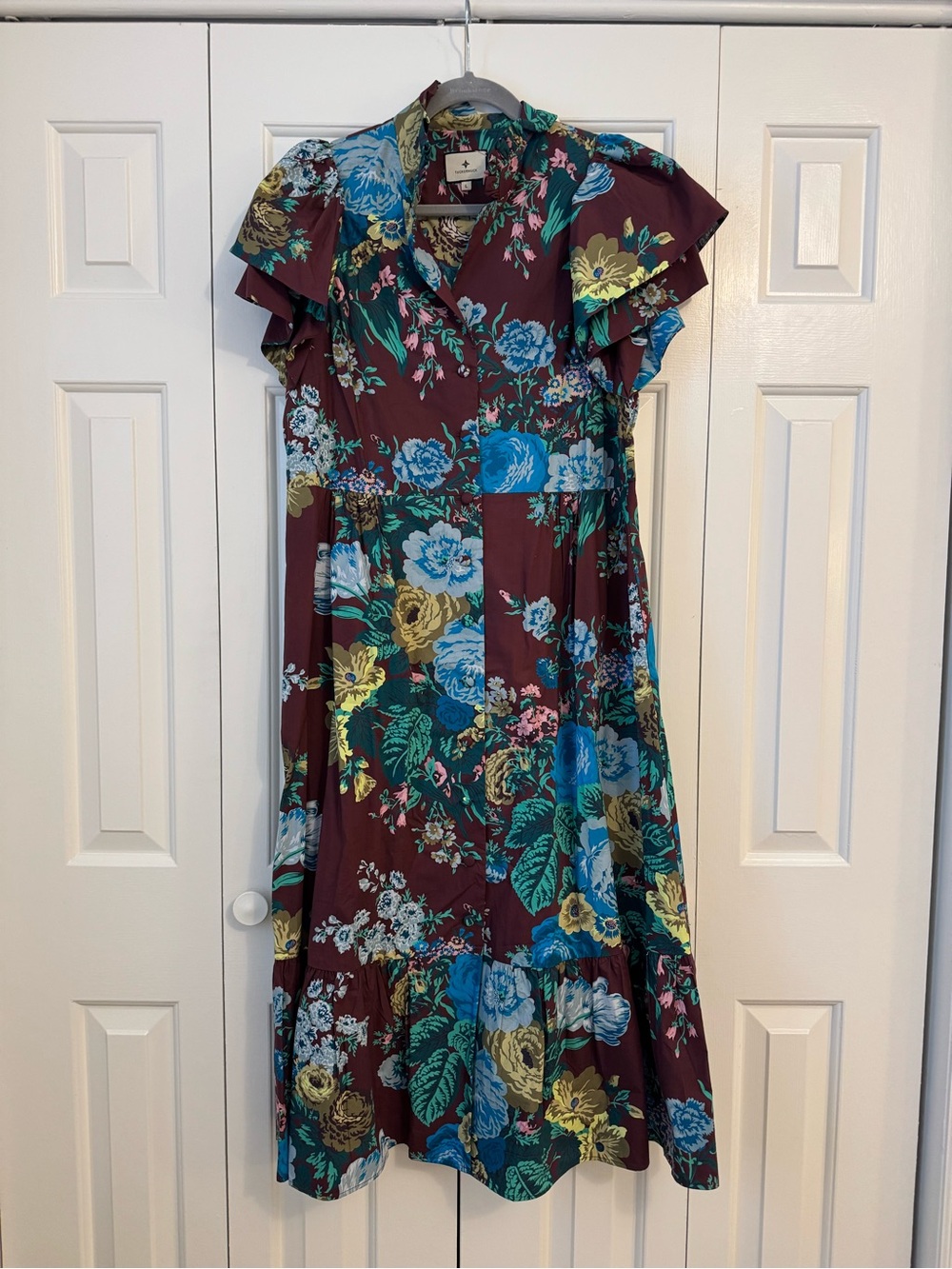 Tuckernuck Burgundy Floral Midi Dress with Blue & Yellow Florals